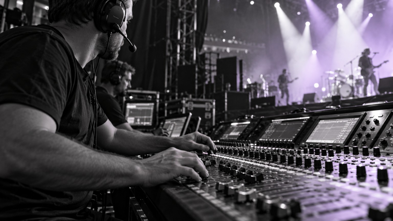 Headset-wearing production crew operating a live-show console, with performers and subtle lavender stage lighting beyond.