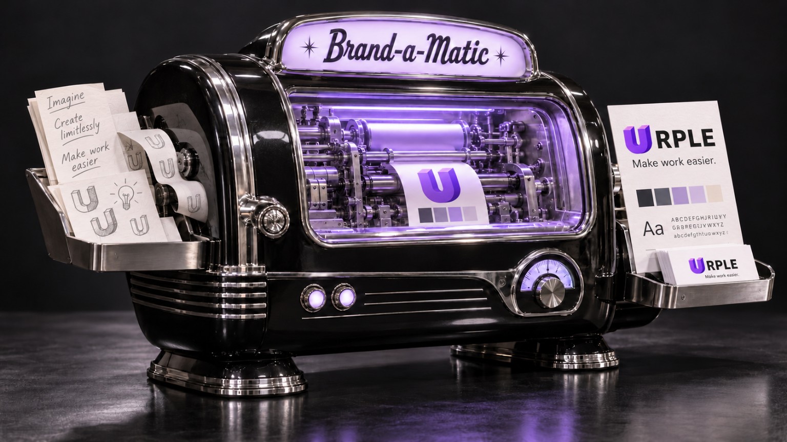 Retro Brand-a-Matic machine turning rough U sketches and handwritten ideas into finished URPLE branding, colors and business cards.