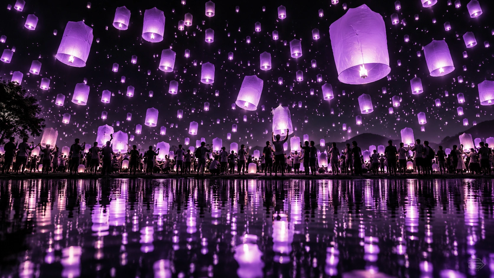 Luminous lavender lanterns filling a dark festival sky above a broad crowd of silhouettes, reflected across the water in the foreground