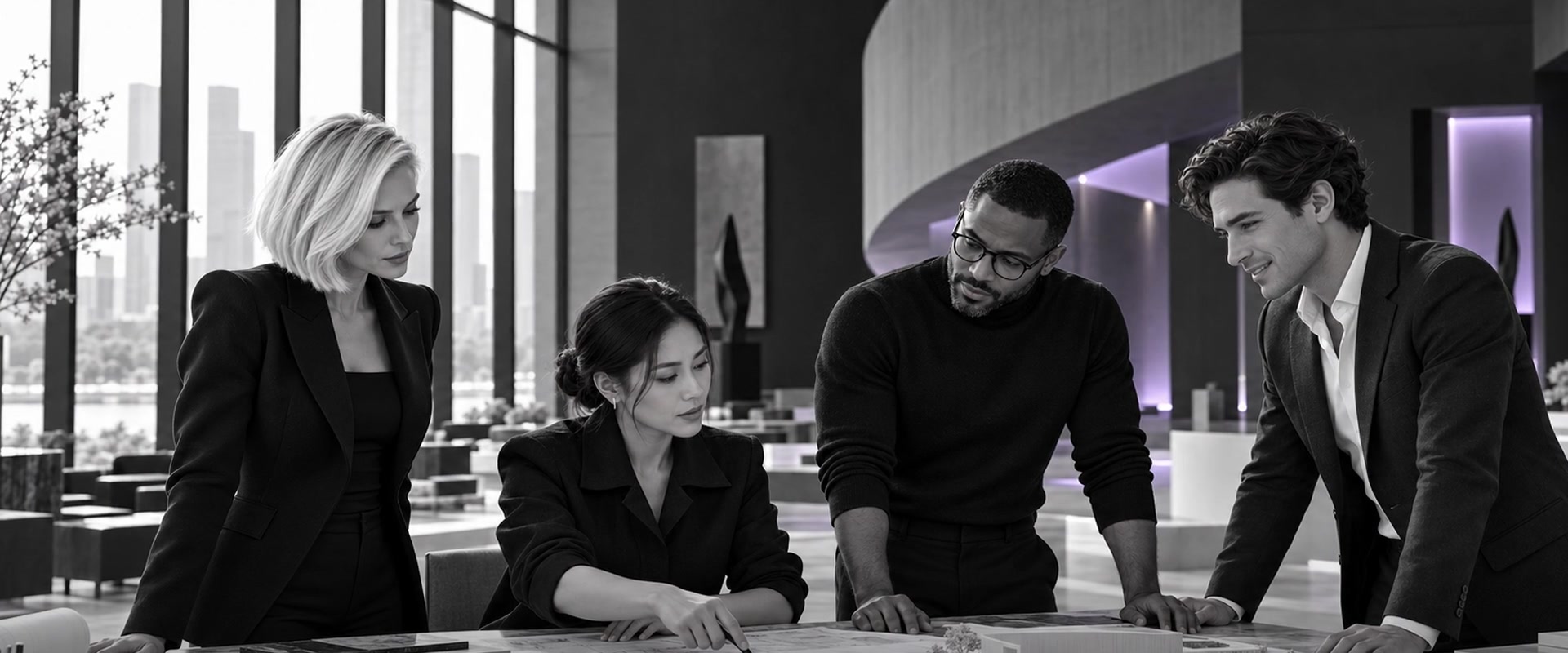 The fictional FORM architecture and interiors team reviewing plans together in a studio, in black and white with lavender accents.