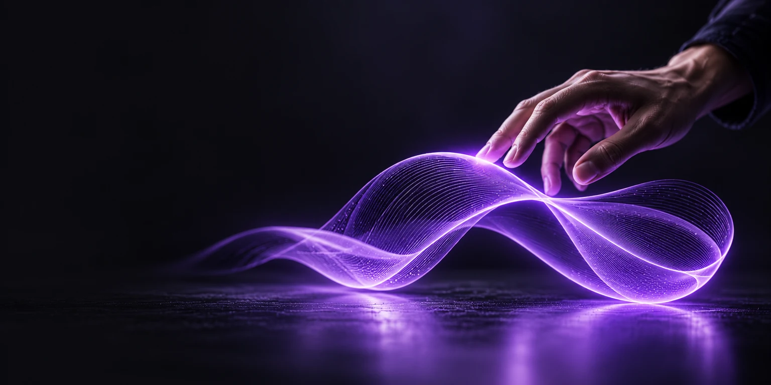 A hand reaching toward a flowing purple ribbon of light.