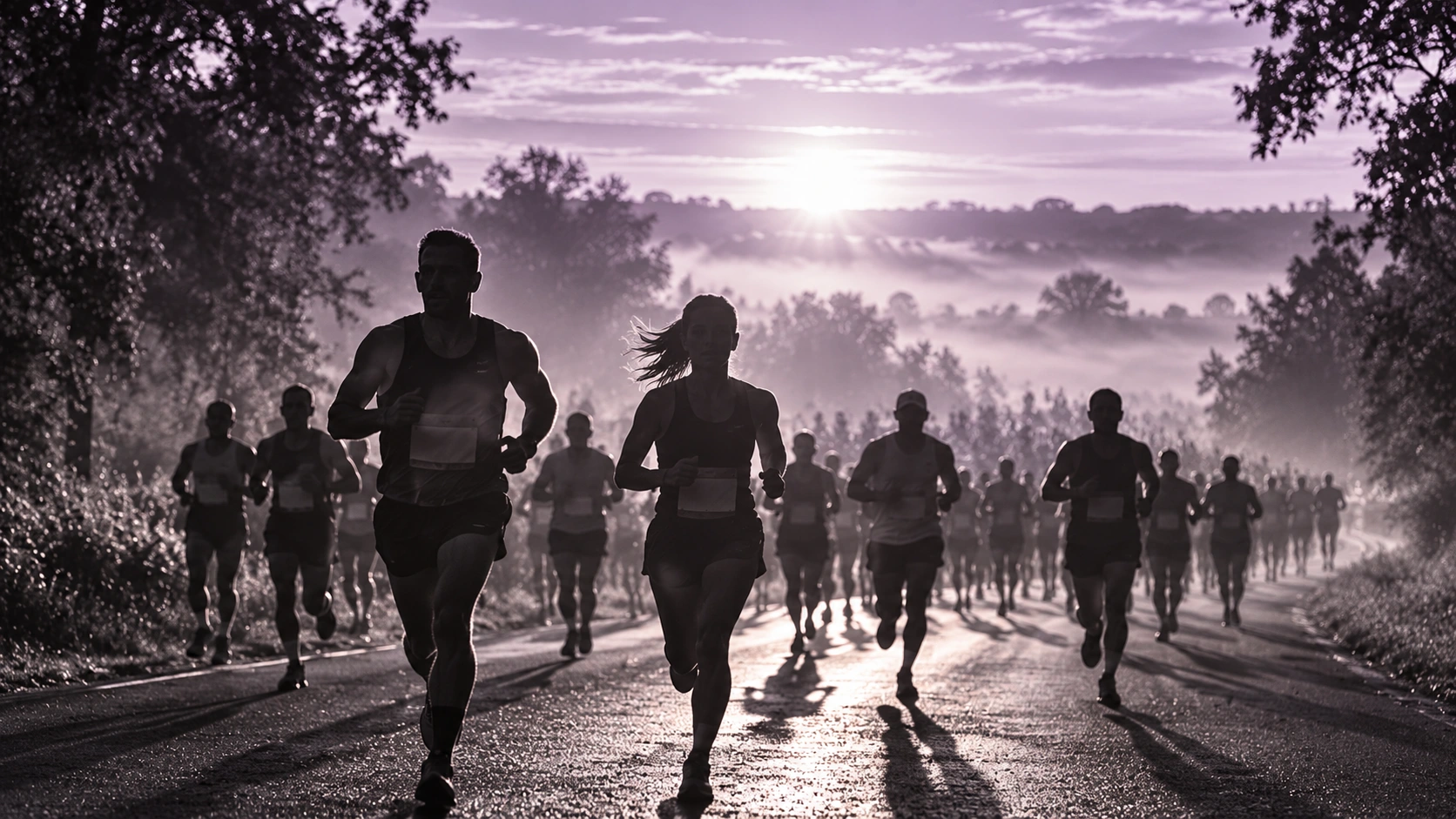 Marathon runners approaching along a country road through backlit morning mist, with dark silhouettes, a luminous sky and subtle lavender tones